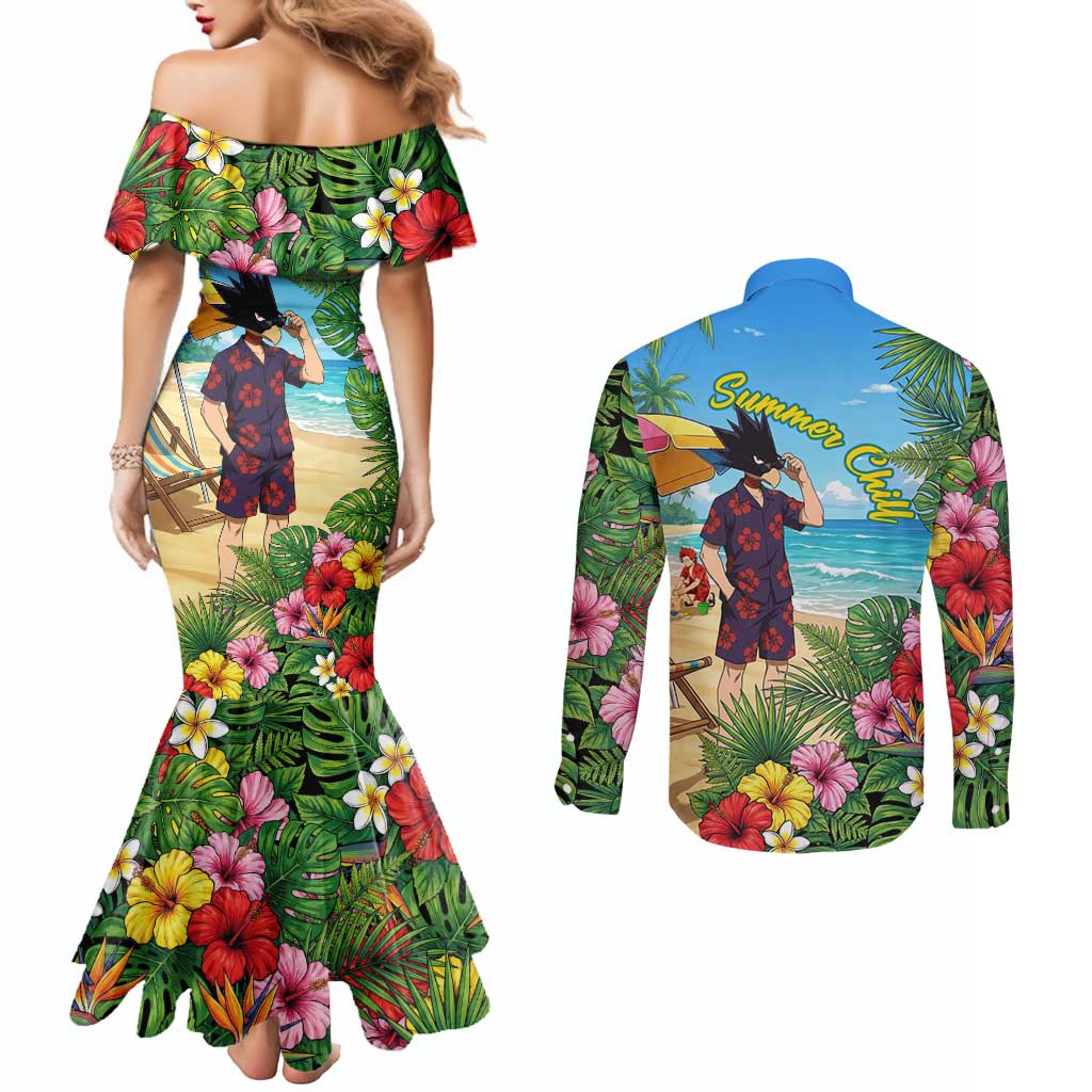 Fumikage Tokoyami Summer Chill Couples Matching Mermaid Dress and Long Sleeve Button Shirt Tropical Anime Beach Mood
