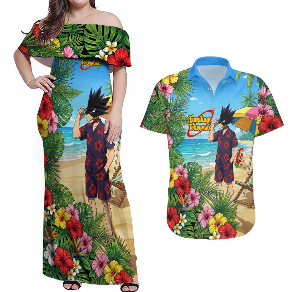 Fumikage Tokoyami Summer Chill Couples Matching Off Shoulder Maxi Dress and Hawaiian Shirt Tropical Anime Beach Mood