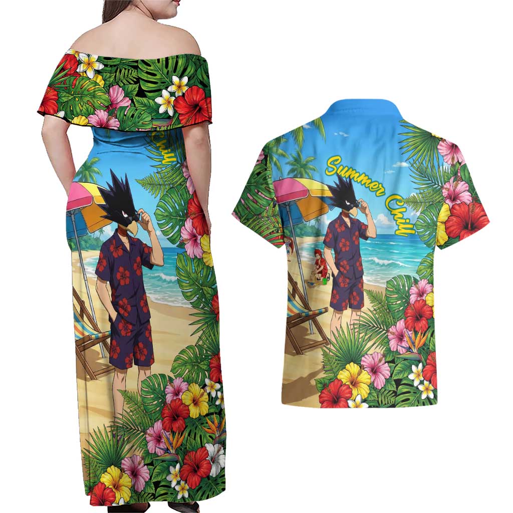 Fumikage Tokoyami Summer Chill Couples Matching Off Shoulder Maxi Dress and Hawaiian Shirt Tropical Anime Beach Mood