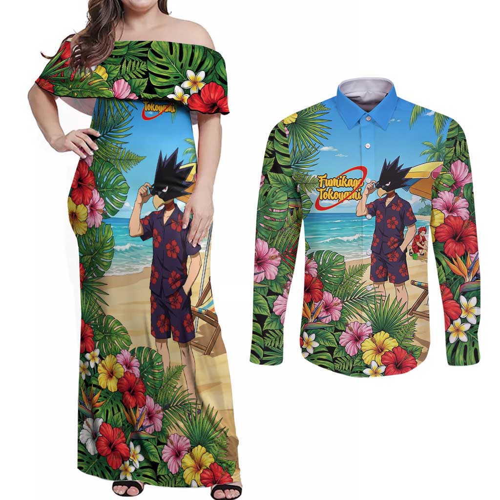 Fumikage Tokoyami Summer Chill Couples Matching Off Shoulder Maxi Dress and Long Sleeve Button Shirt Tropical Anime Beach Mood