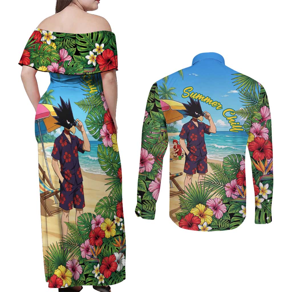 Fumikage Tokoyami Summer Chill Couples Matching Off Shoulder Maxi Dress and Long Sleeve Button Shirt Tropical Anime Beach Mood