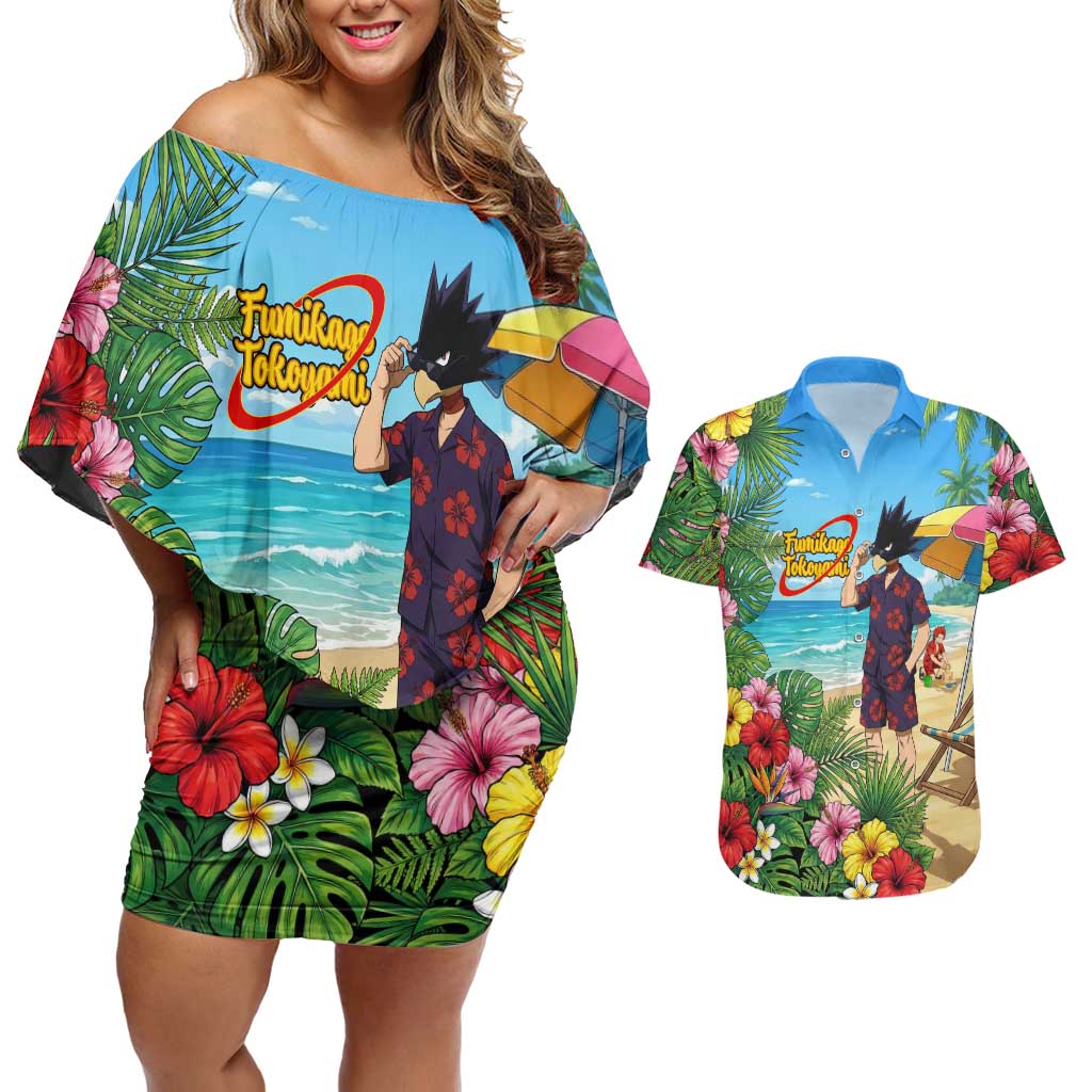 Fumikage Tokoyami Summer Chill Couples Matching Off Shoulder Short Dress and Hawaiian Shirt Tropical Anime Beach Mood