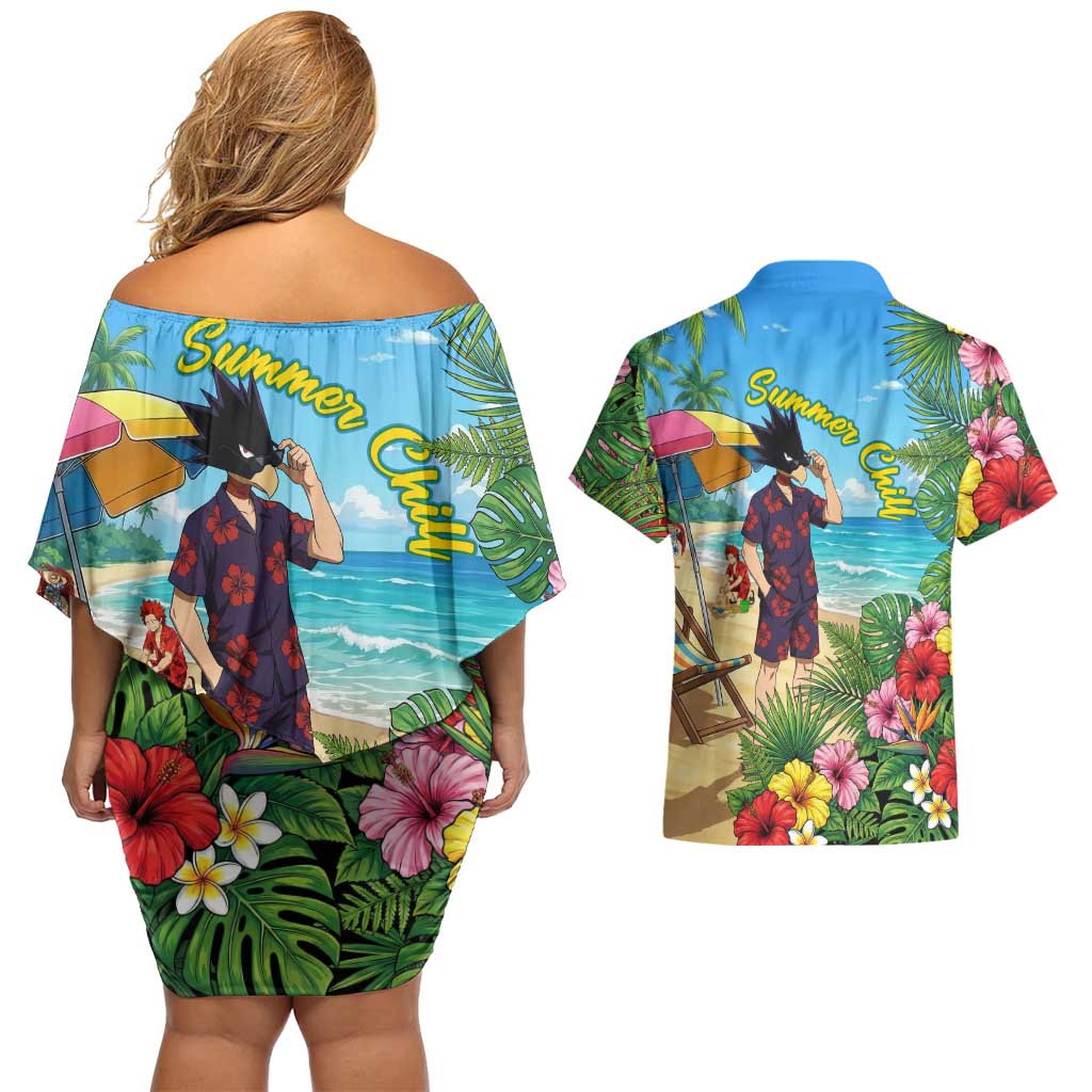 Fumikage Tokoyami Summer Chill Couples Matching Off Shoulder Short Dress and Hawaiian Shirt Tropical Anime Beach Mood