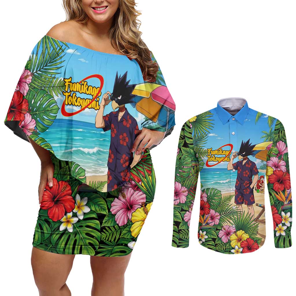 Fumikage Tokoyami Summer Chill Couples Matching Off Shoulder Short Dress and Long Sleeve Button Shirt Tropical Anime Beach Mood