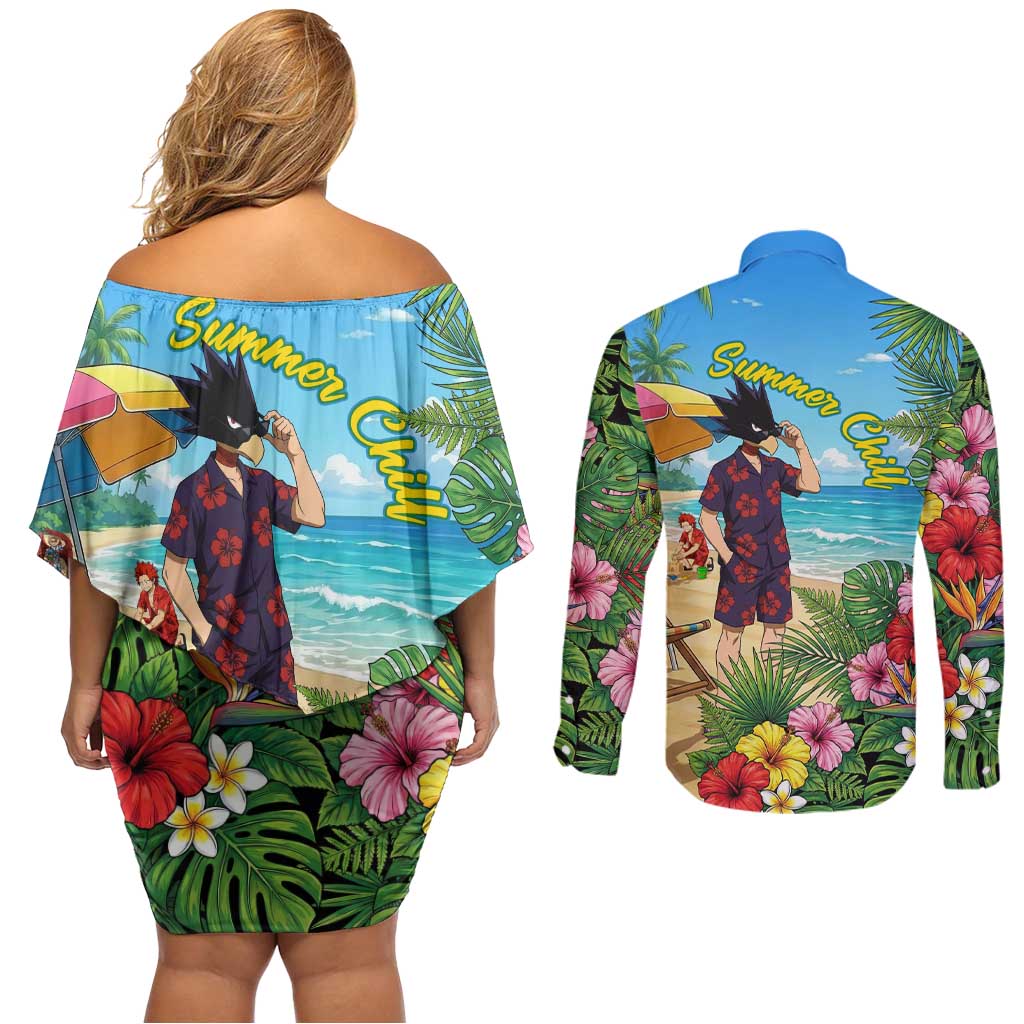 Fumikage Tokoyami Summer Chill Couples Matching Off Shoulder Short Dress and Long Sleeve Button Shirt Tropical Anime Beach Mood