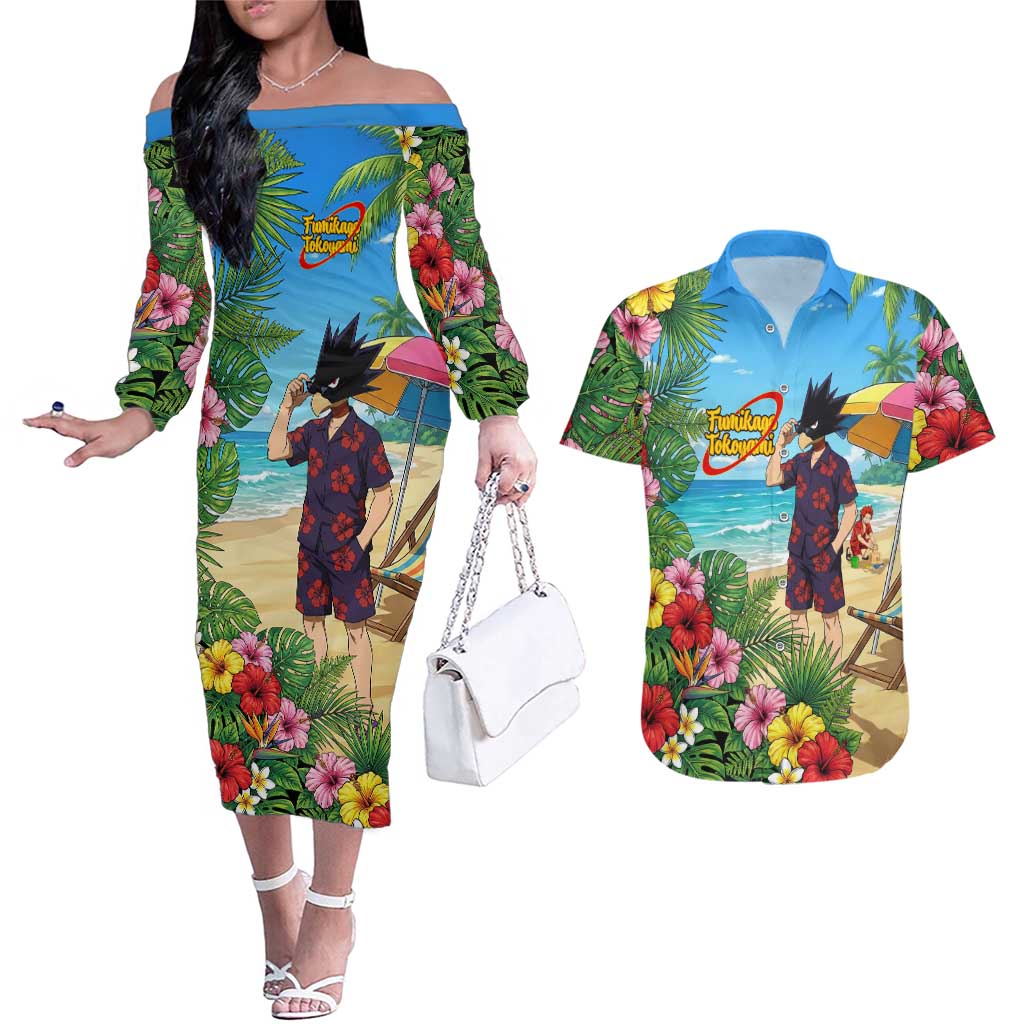 Fumikage Tokoyami Summer Chill Couples Matching Off The Shoulder Long Sleeve Dress and Hawaiian Shirt Tropical Anime Beach Mood