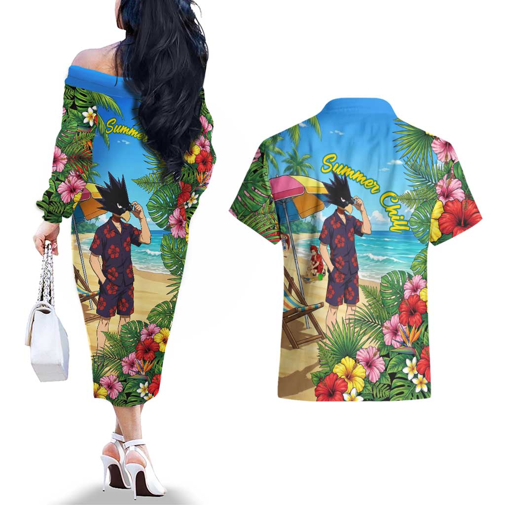 Fumikage Tokoyami Summer Chill Couples Matching Off The Shoulder Long Sleeve Dress and Hawaiian Shirt Tropical Anime Beach Mood