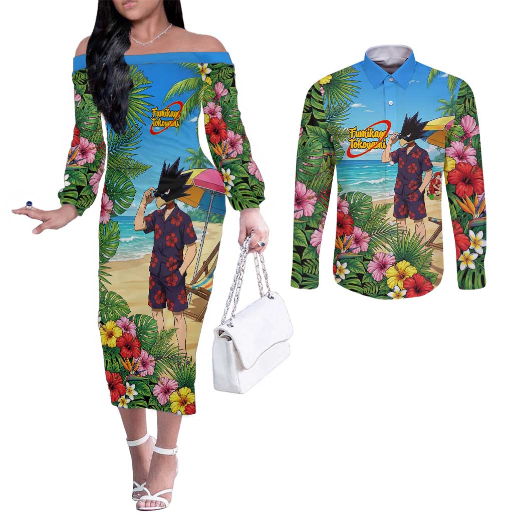 Fumikage Tokoyami Summer Chill Couples Matching Off The Shoulder Long Sleeve Dress and Long Sleeve Button Shirt Tropical Anime Beach Mood
