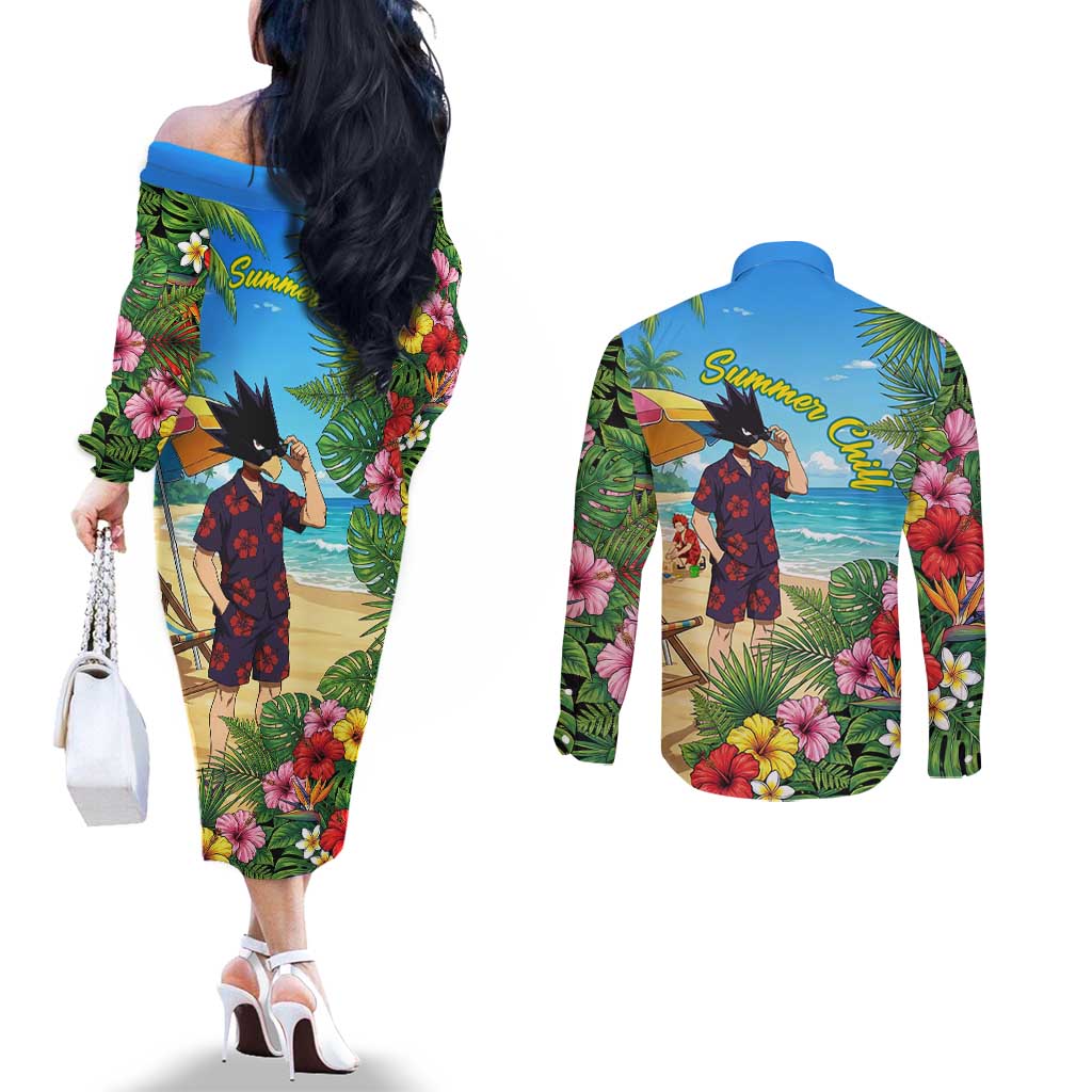 Fumikage Tokoyami Summer Chill Couples Matching Off The Shoulder Long Sleeve Dress and Long Sleeve Button Shirt Tropical Anime Beach Mood