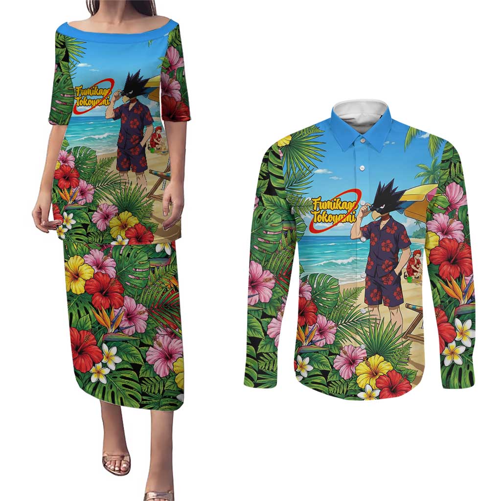 Fumikage Tokoyami Summer Chill Couples Matching Puletasi and Long Sleeve Button Shirt Tropical Anime Beach Mood