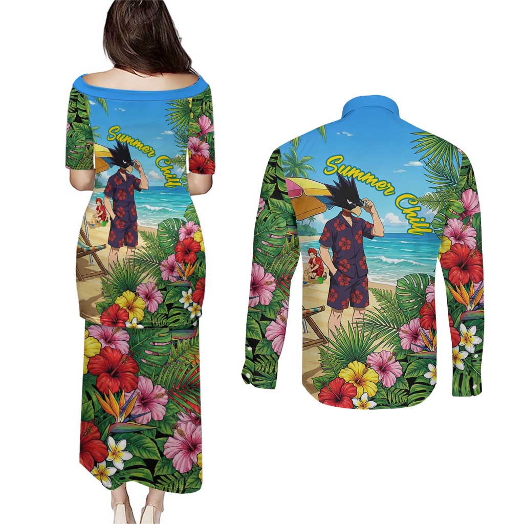 Fumikage Tokoyami Summer Chill Couples Matching Puletasi and Long Sleeve Button Shirt Tropical Anime Beach Mood