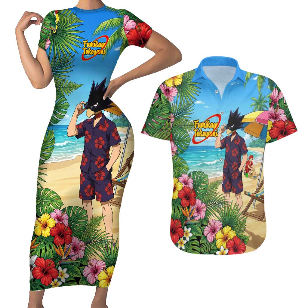 Fumikage Tokoyami Summer Chill Couples Matching Short Sleeve Bodycon Dress and Hawaiian Shirt Tropical Anime Beach Mood