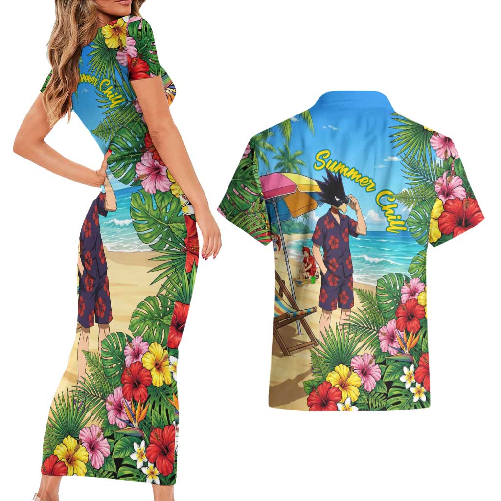 Fumikage Tokoyami Summer Chill Couples Matching Short Sleeve Bodycon Dress and Hawaiian Shirt Tropical Anime Beach Mood