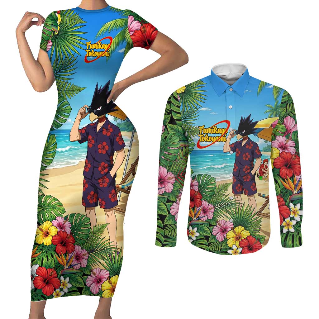 Fumikage Tokoyami Summer Chill Couples Matching Short Sleeve Bodycon Dress and Long Sleeve Button Shirt Tropical Anime Beach Mood