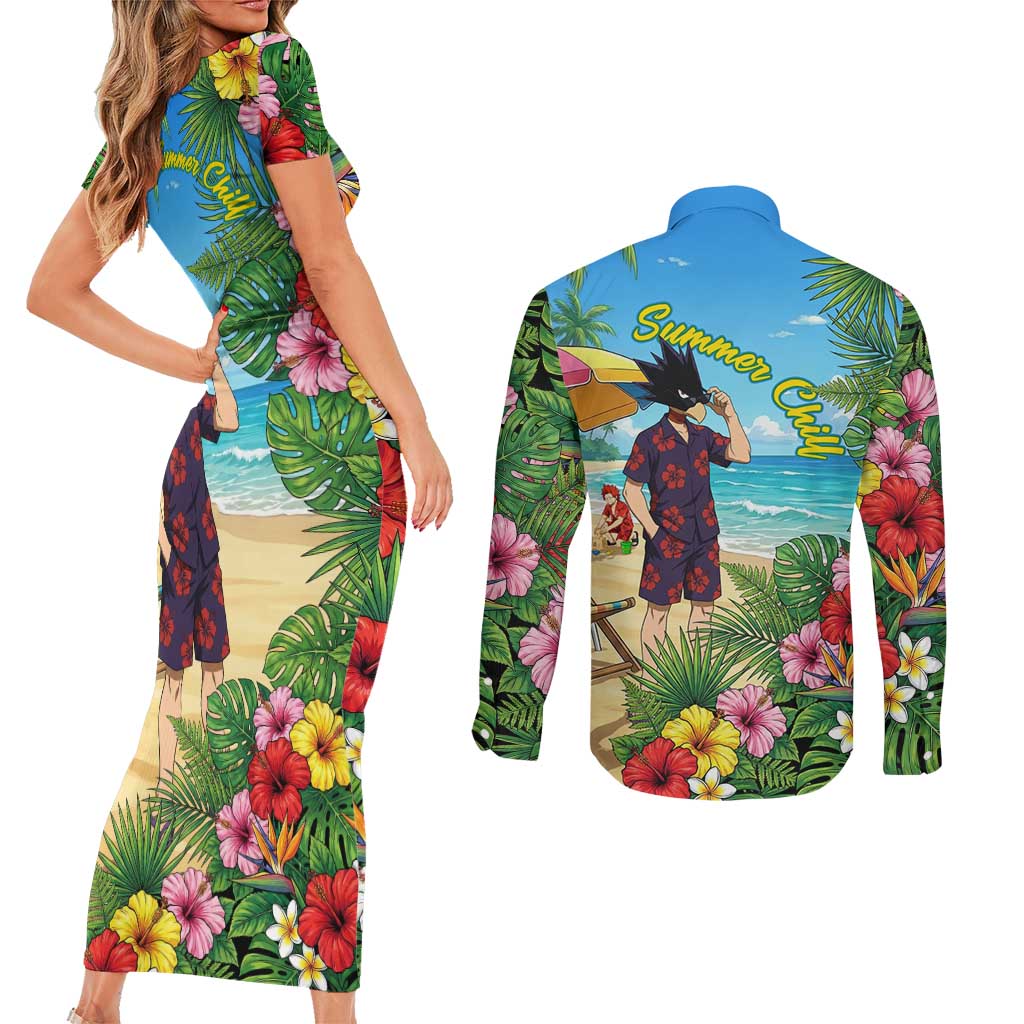 Fumikage Tokoyami Summer Chill Couples Matching Short Sleeve Bodycon Dress and Long Sleeve Button Shirt Tropical Anime Beach Mood