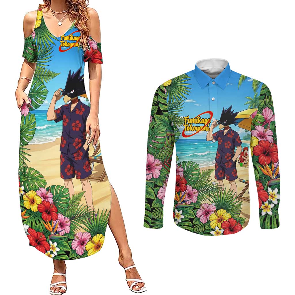 Fumikage Tokoyami Summer Chill Couples Matching Summer Maxi Dress and Long Sleeve Button Shirt Tropical Anime Beach Mood