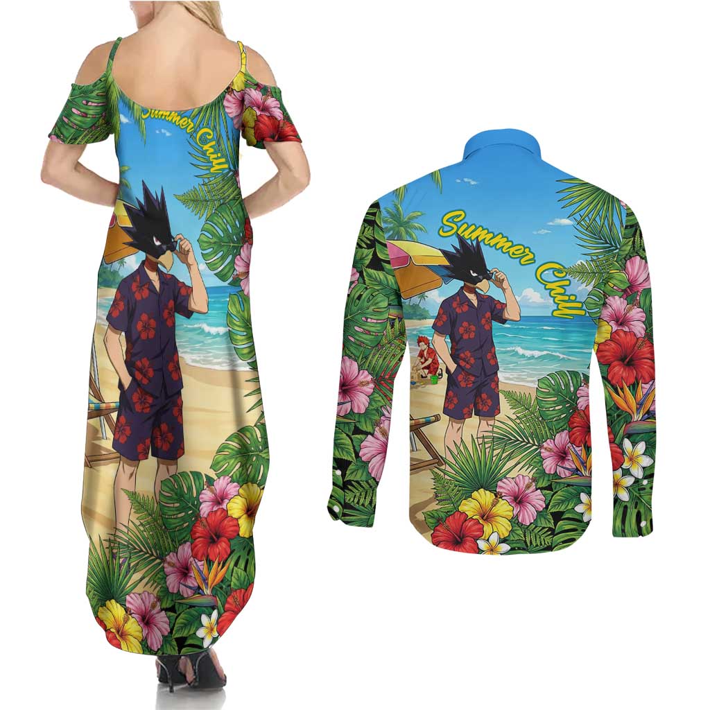 Fumikage Tokoyami Summer Chill Couples Matching Summer Maxi Dress and Long Sleeve Button Shirt Tropical Anime Beach Mood