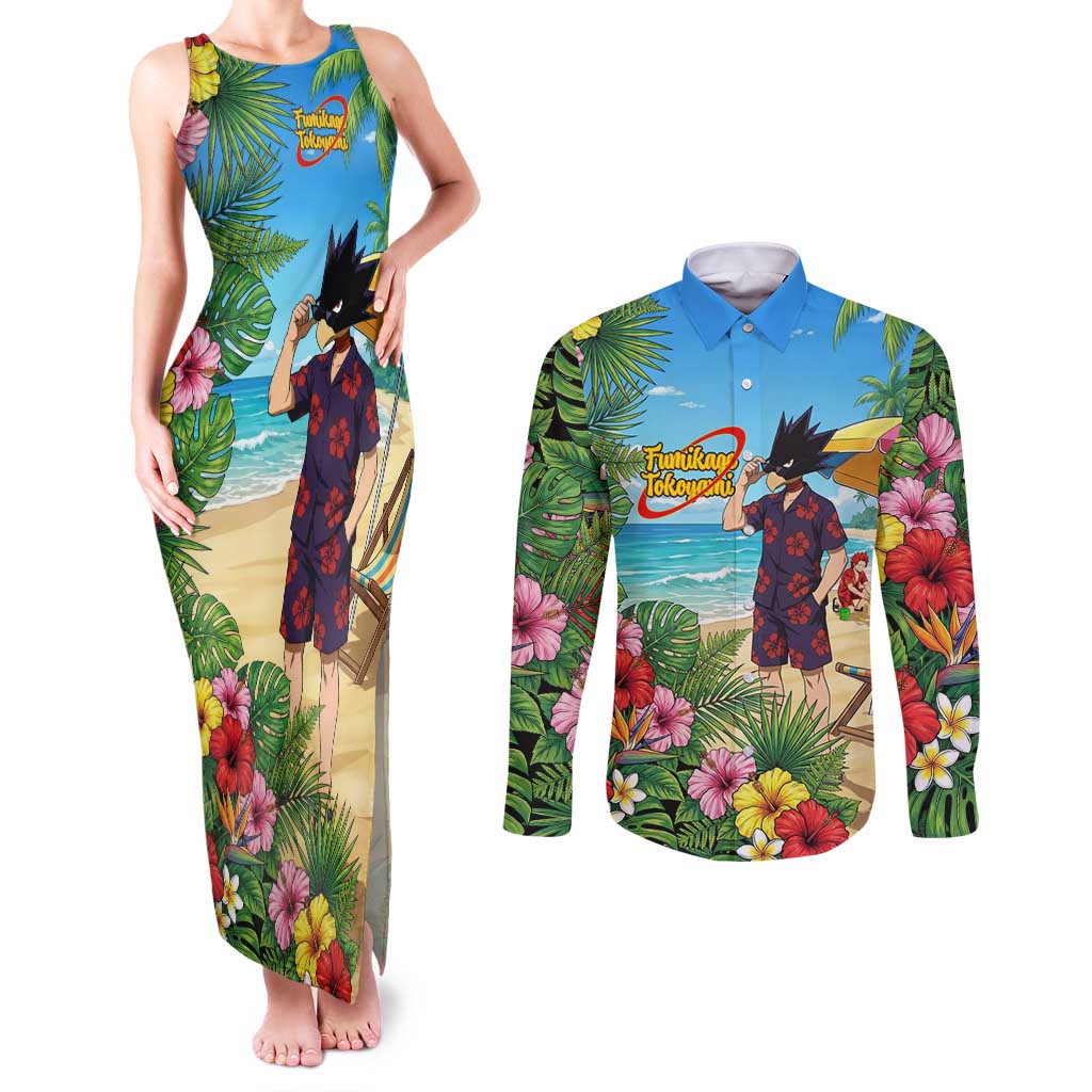 Fumikage Tokoyami Summer Chill Couples Matching Tank Maxi Dress and Long Sleeve Button Shirt Tropical Anime Beach Mood