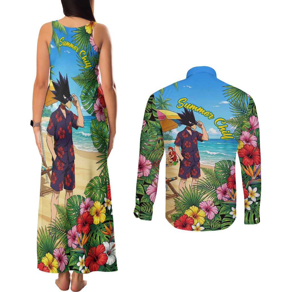 Fumikage Tokoyami Summer Chill Couples Matching Tank Maxi Dress and Long Sleeve Button Shirt Tropical Anime Beach Mood