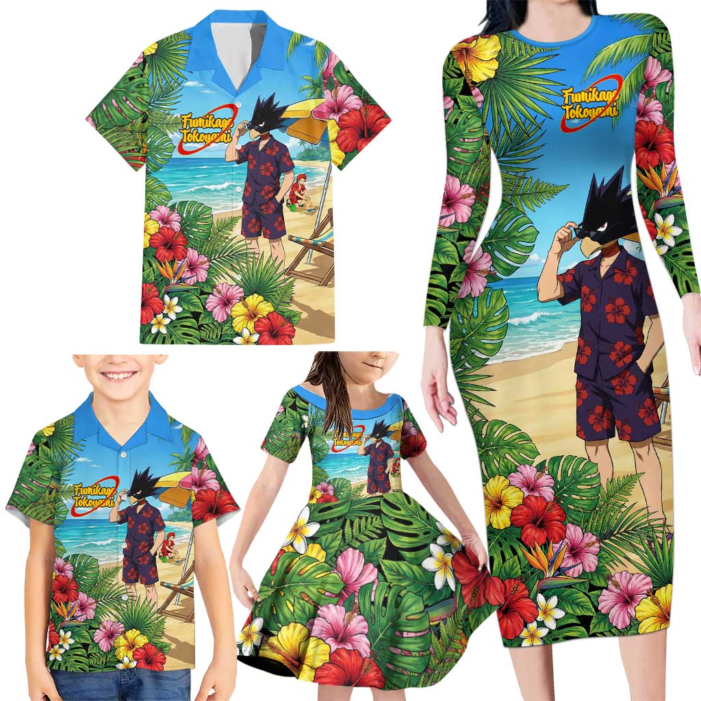 Fumikage Tokoyami Summer Chill Family Matching Long Sleeve Bodycon Dress and Hawaiian Shirt Tropical Anime Beach Mood