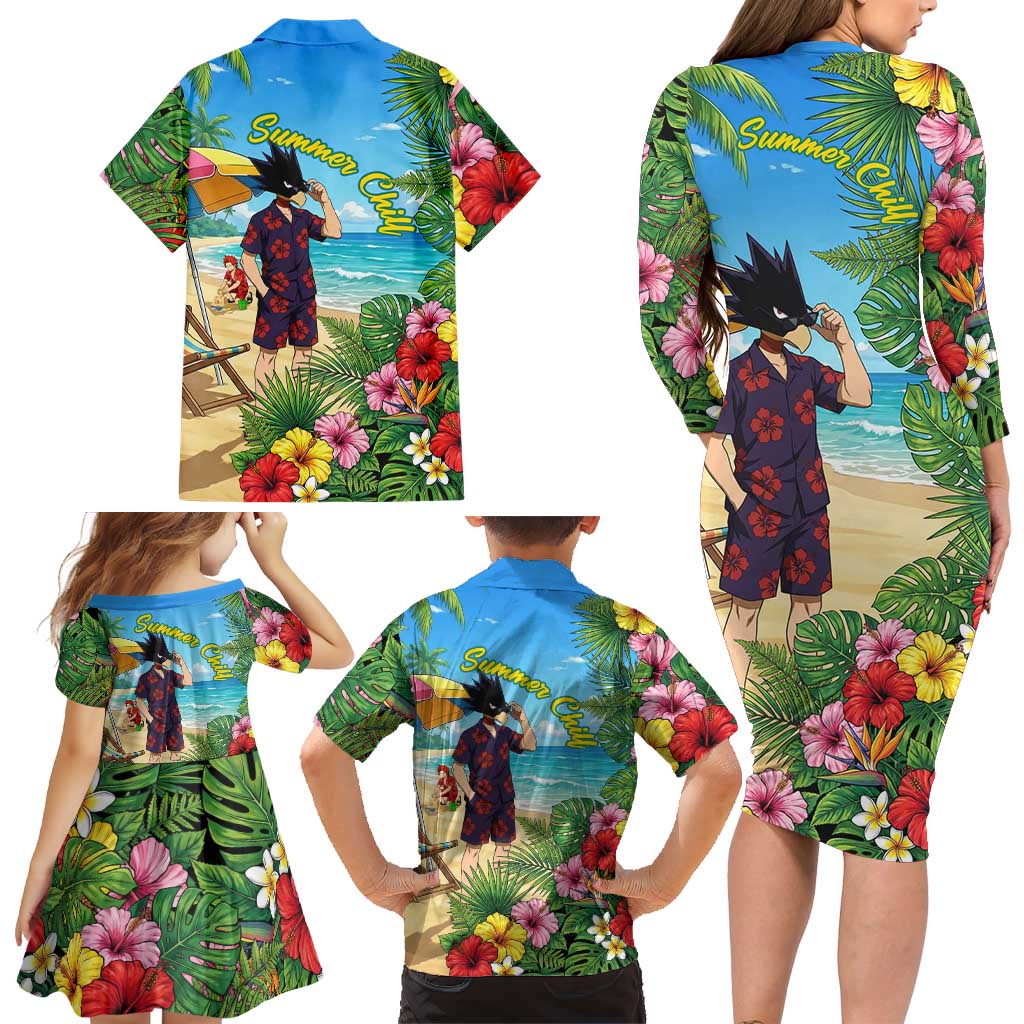 Fumikage Tokoyami Summer Chill Family Matching Long Sleeve Bodycon Dress and Hawaiian Shirt Tropical Anime Beach Mood