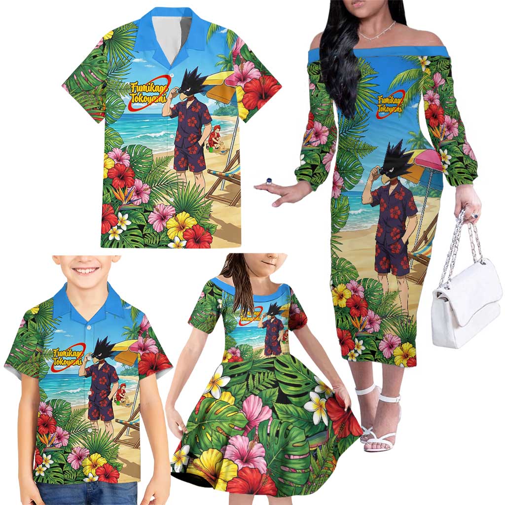 Fumikage Tokoyami Summer Chill Family Matching Off The Shoulder Long Sleeve Dress and Hawaiian Shirt Tropical Anime Beach Mood
