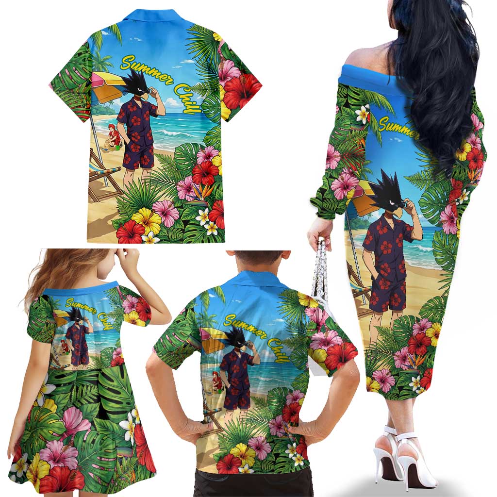 Fumikage Tokoyami Summer Chill Family Matching Off The Shoulder Long Sleeve Dress and Hawaiian Shirt Tropical Anime Beach Mood