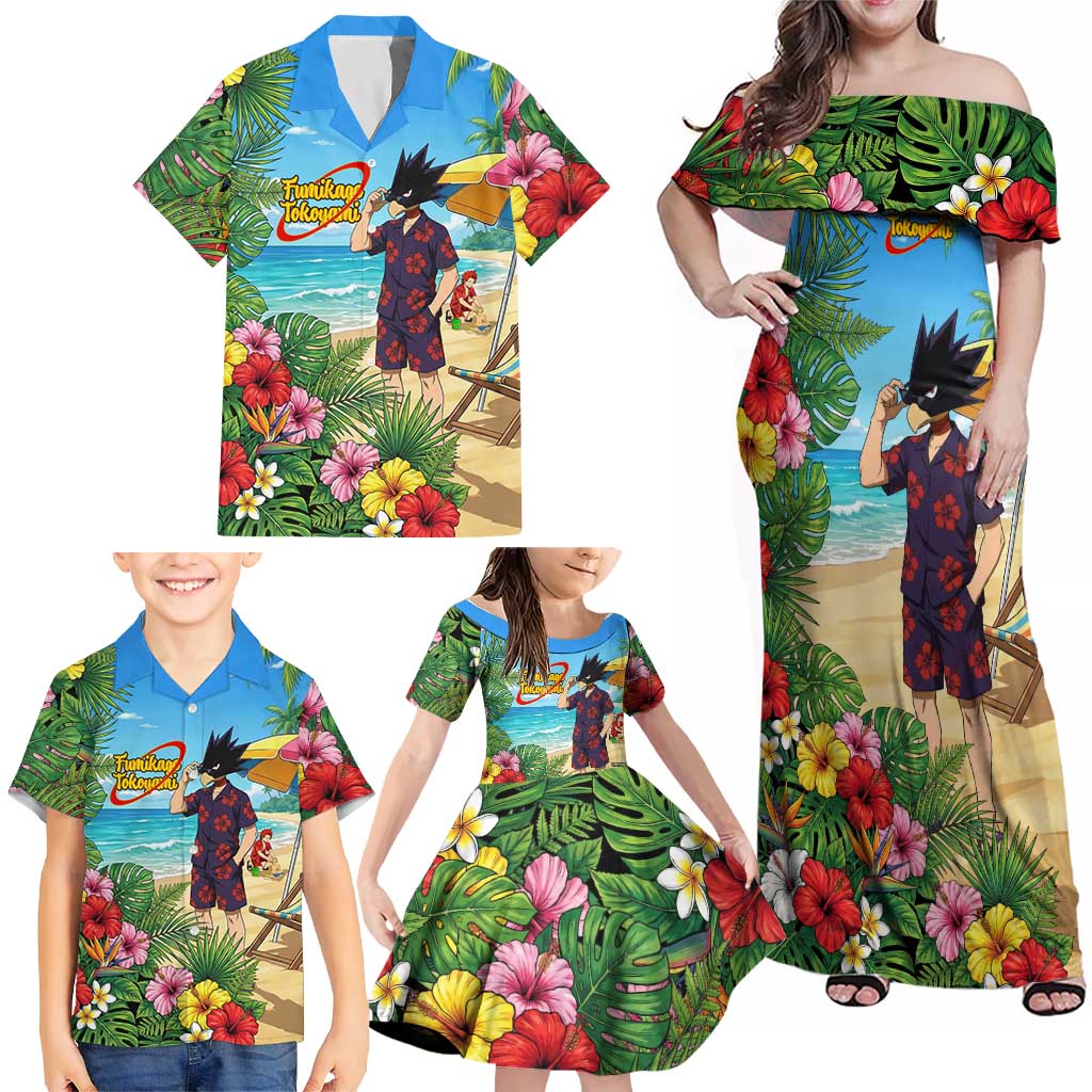Fumikage Tokoyami Summer Chill Family Matching Off Shoulder Maxi Dress and Hawaiian Shirt Tropical Anime Beach Mood