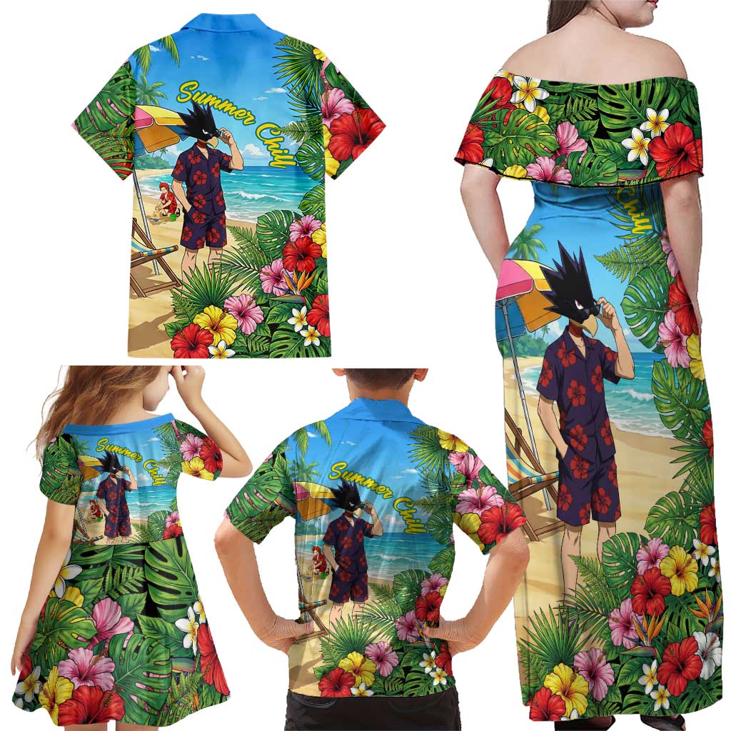 Fumikage Tokoyami Summer Chill Family Matching Off Shoulder Maxi Dress and Hawaiian Shirt Tropical Anime Beach Mood