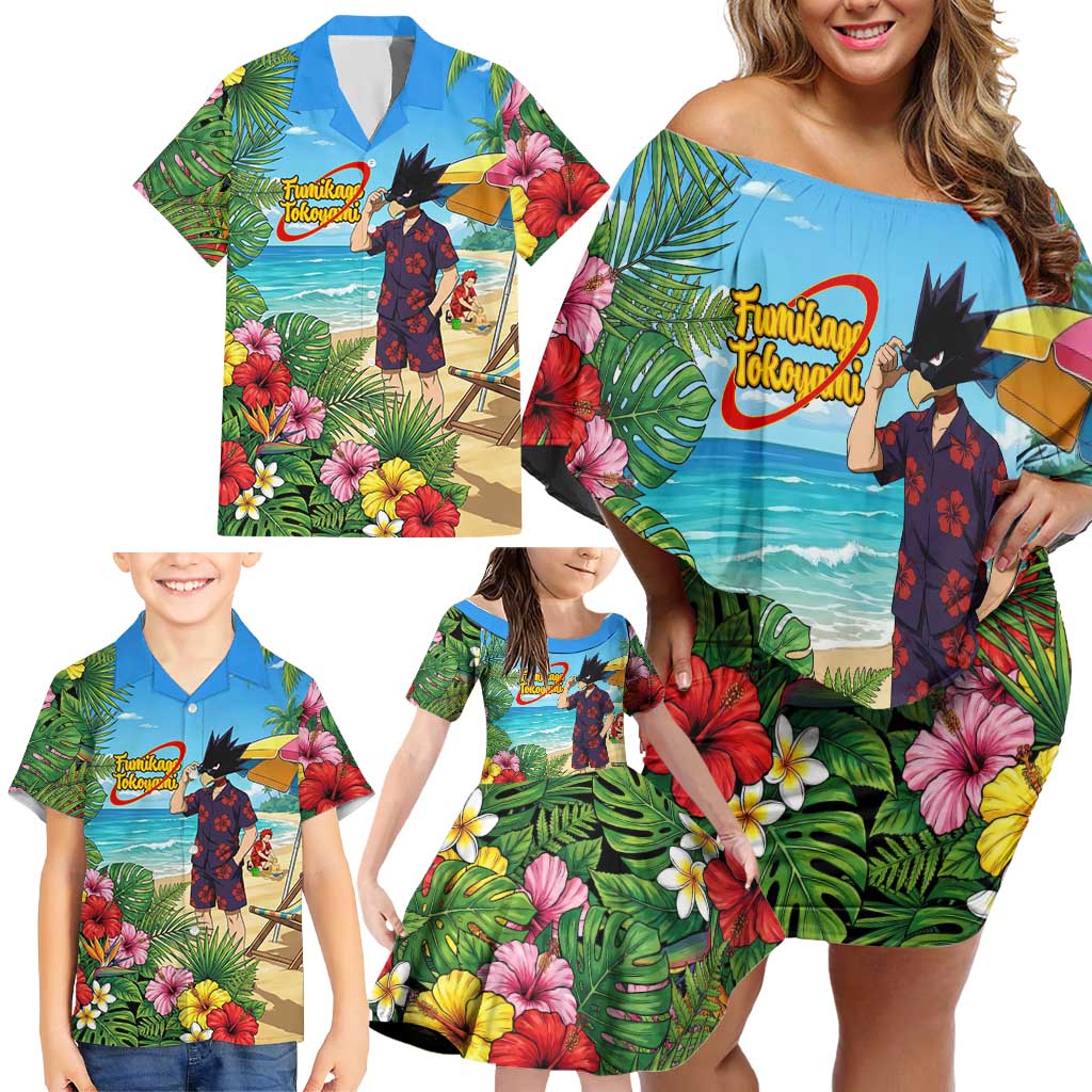 Fumikage Tokoyami Summer Chill Family Matching Off Shoulder Short Dress and Hawaiian Shirt Tropical Anime Beach Mood