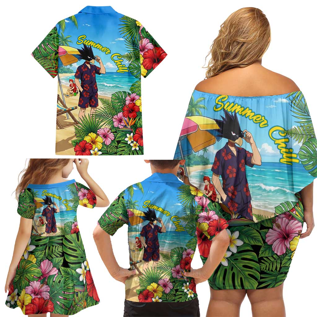 Fumikage Tokoyami Summer Chill Family Matching Off Shoulder Short Dress and Hawaiian Shirt Tropical Anime Beach Mood