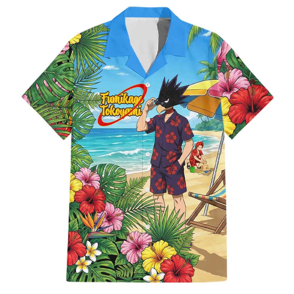 Fumikage Tokoyami Summer Chill Family Matching Off Shoulder Short Dress and Hawaiian Shirt Tropical Anime Beach Mood
