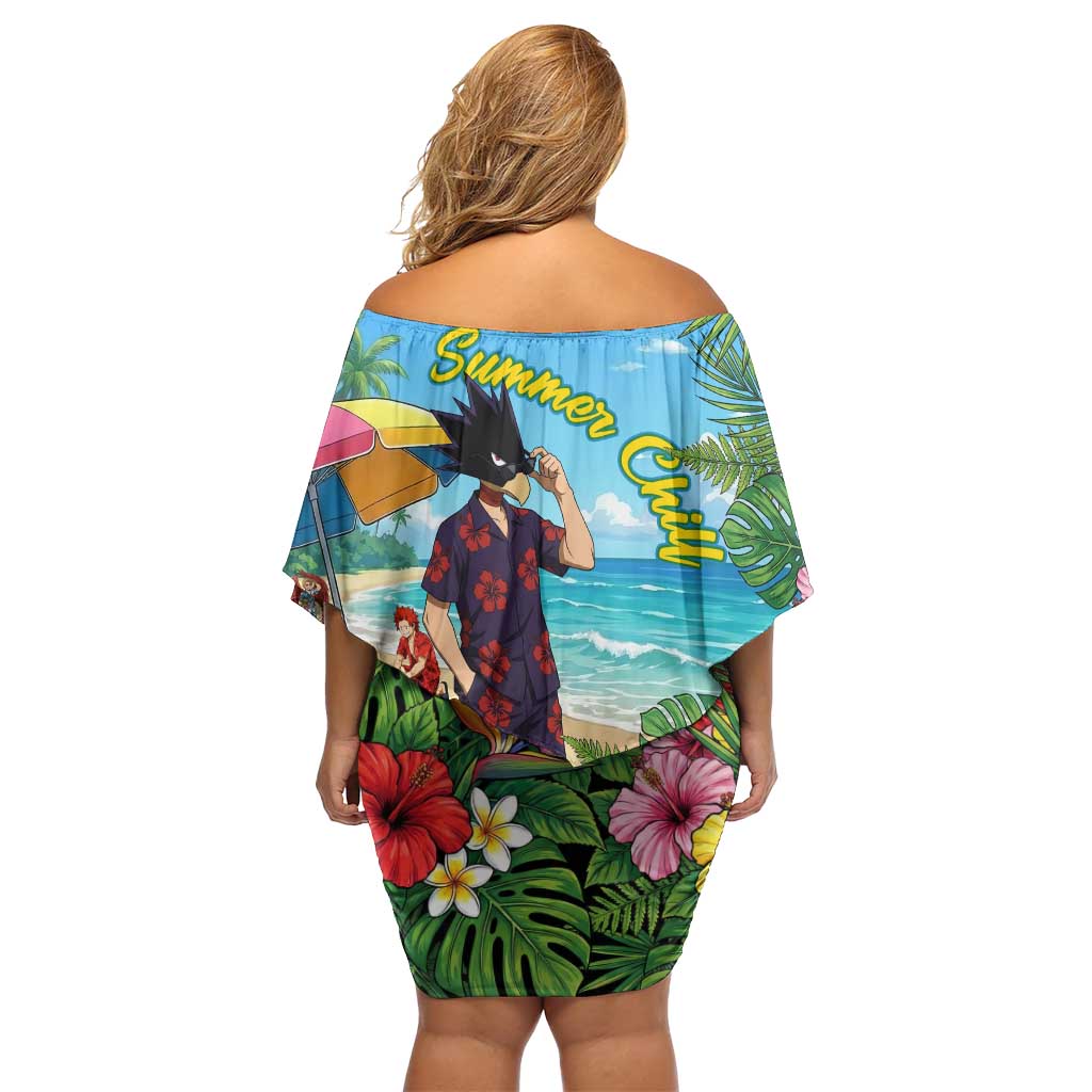 Fumikage Tokoyami Summer Chill Family Matching Off Shoulder Short Dress and Hawaiian Shirt Tropical Anime Beach Mood