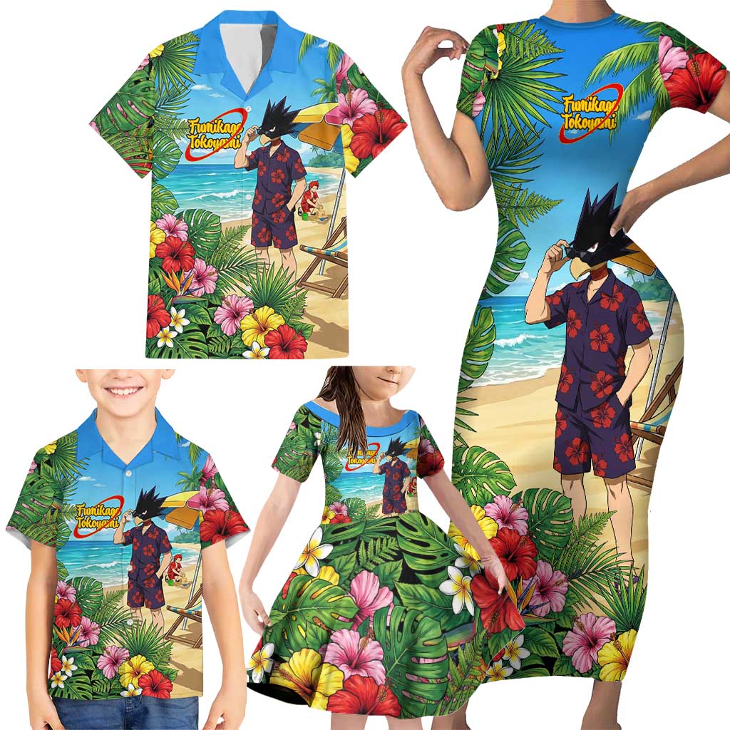 Fumikage Tokoyami Summer Chill Family Matching Short Sleeve Bodycon Dress and Hawaiian Shirt Tropical Anime Beach Mood