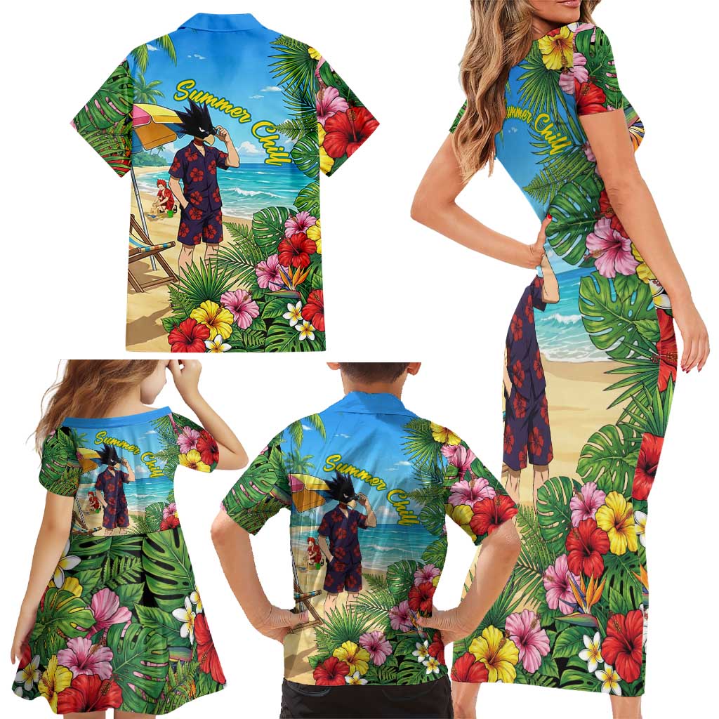 Fumikage Tokoyami Summer Chill Family Matching Short Sleeve Bodycon Dress and Hawaiian Shirt Tropical Anime Beach Mood