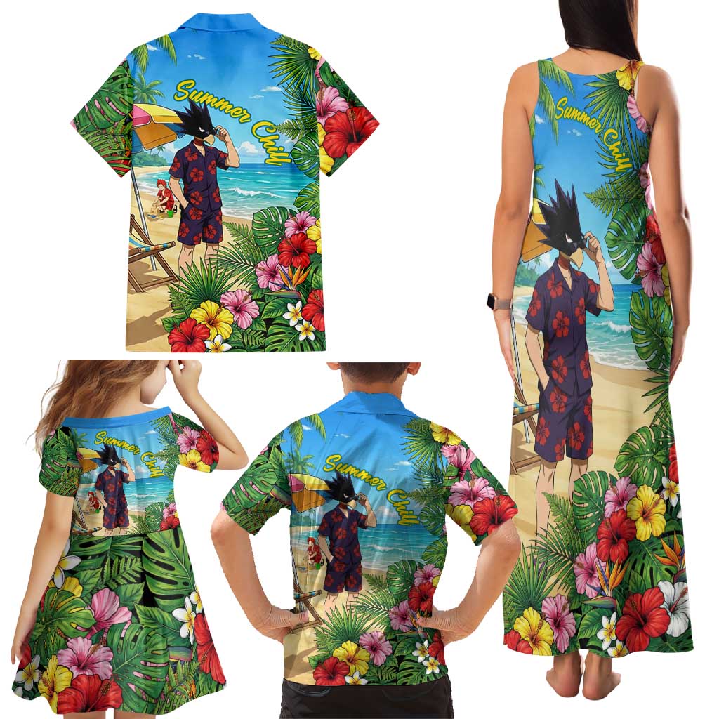 Fumikage Tokoyami Summer Chill Family Matching Tank Maxi Dress and Hawaiian Shirt Tropical Anime Beach Mood