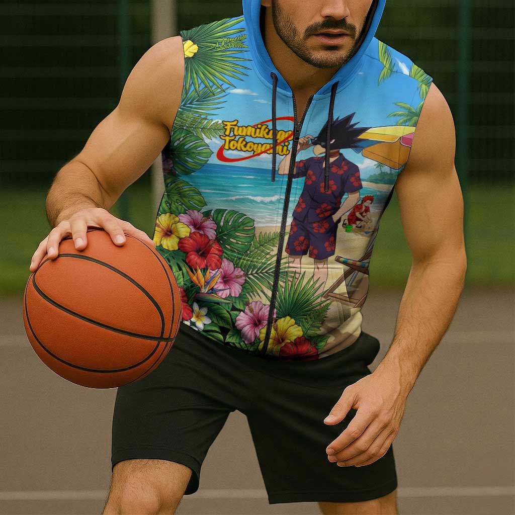 Fumikage Tokoyami Summer Chill Sleeveless Zip Hoodie Tropical Anime Beach Mood