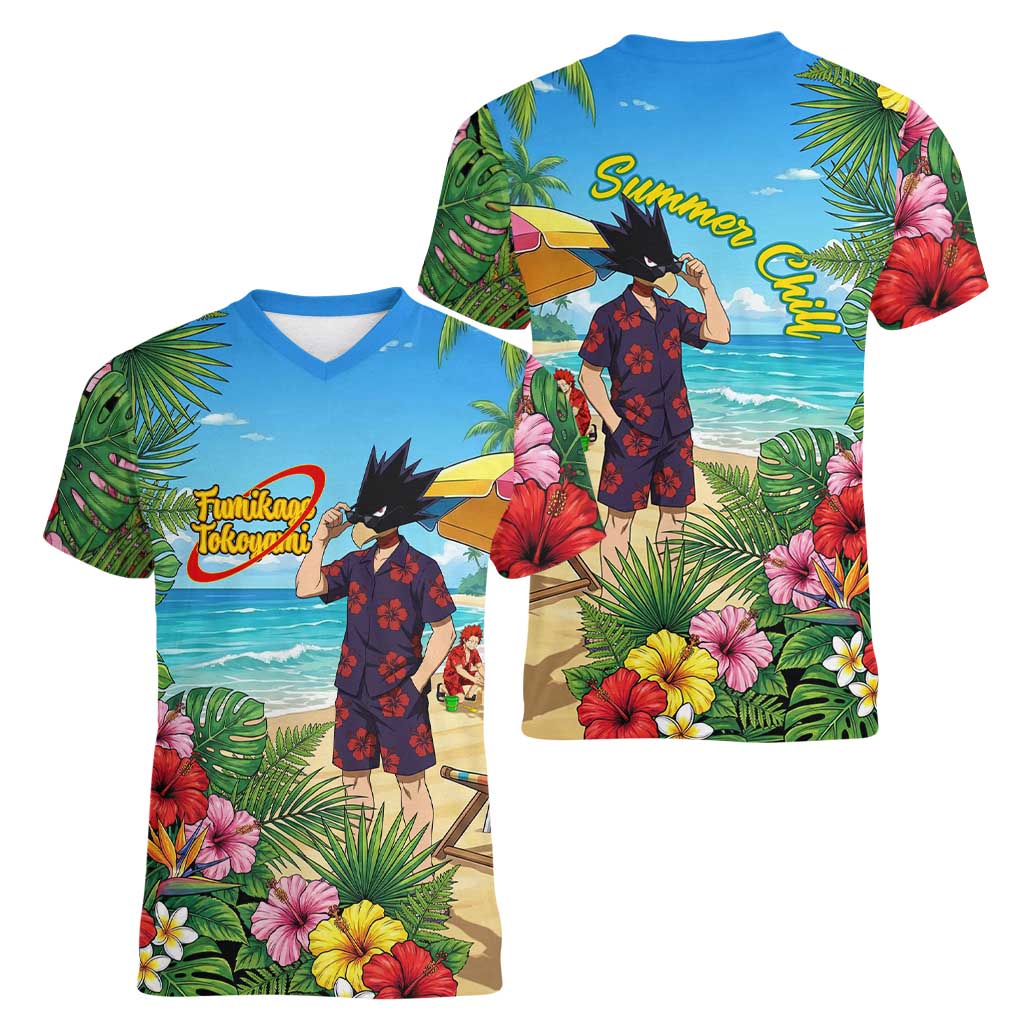 Fumikage Tokoyami Summer Chill Women V-Neck T-Shirt Tropical Anime Beach Mood