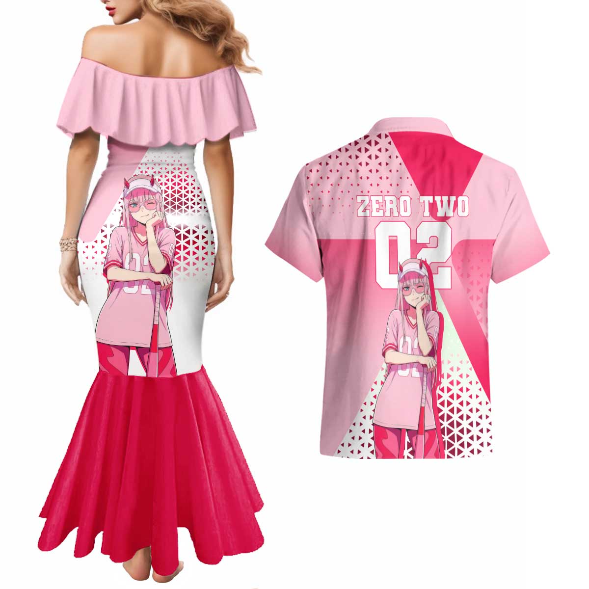 Zero Two Couples Matching Mermaid Dress and Hawaiian Shirt Retro Baseball Anime Style