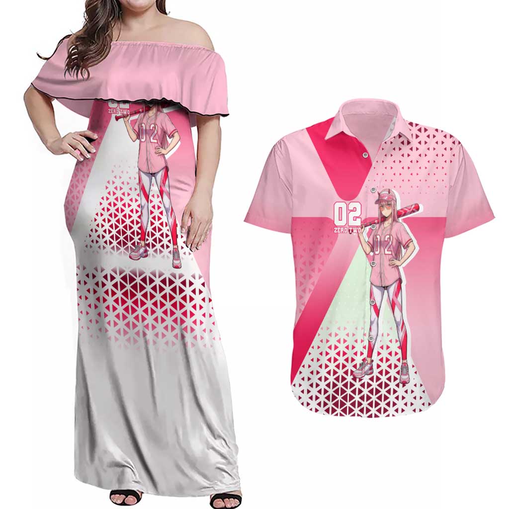 Zero Two Couples Matching Off Shoulder Maxi Dress and Hawaiian Shirt Retro Baseball Anime Style