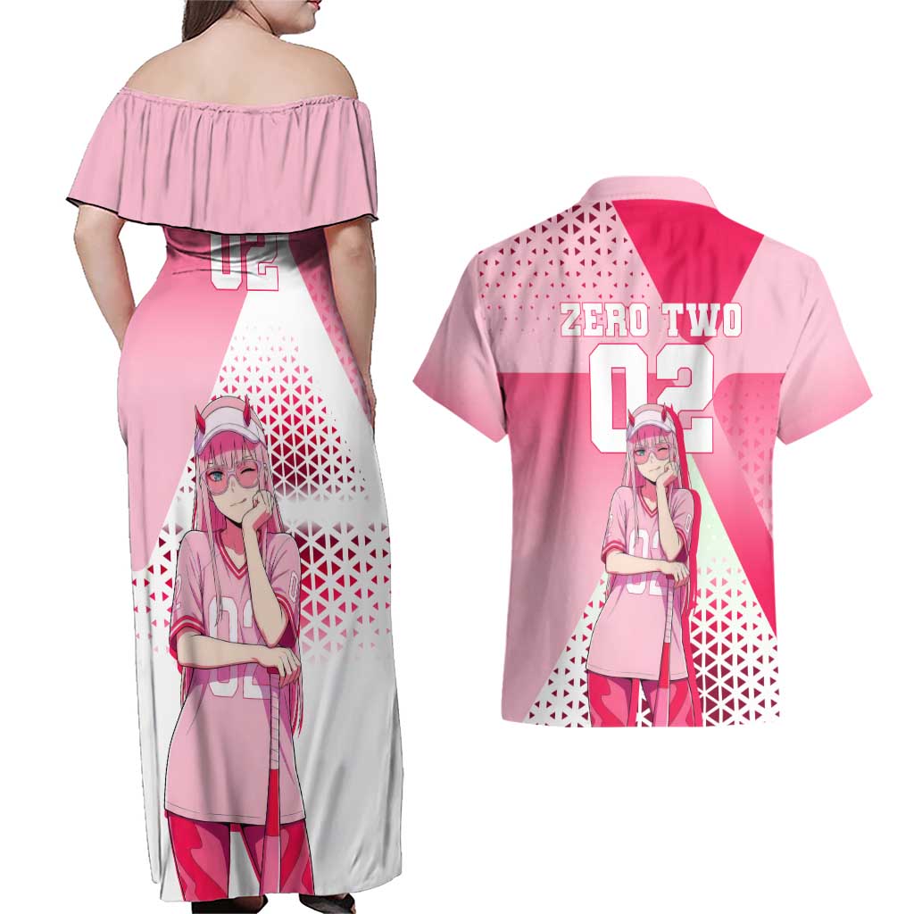 Zero Two Couples Matching Off Shoulder Maxi Dress and Hawaiian Shirt Retro Baseball Anime Style