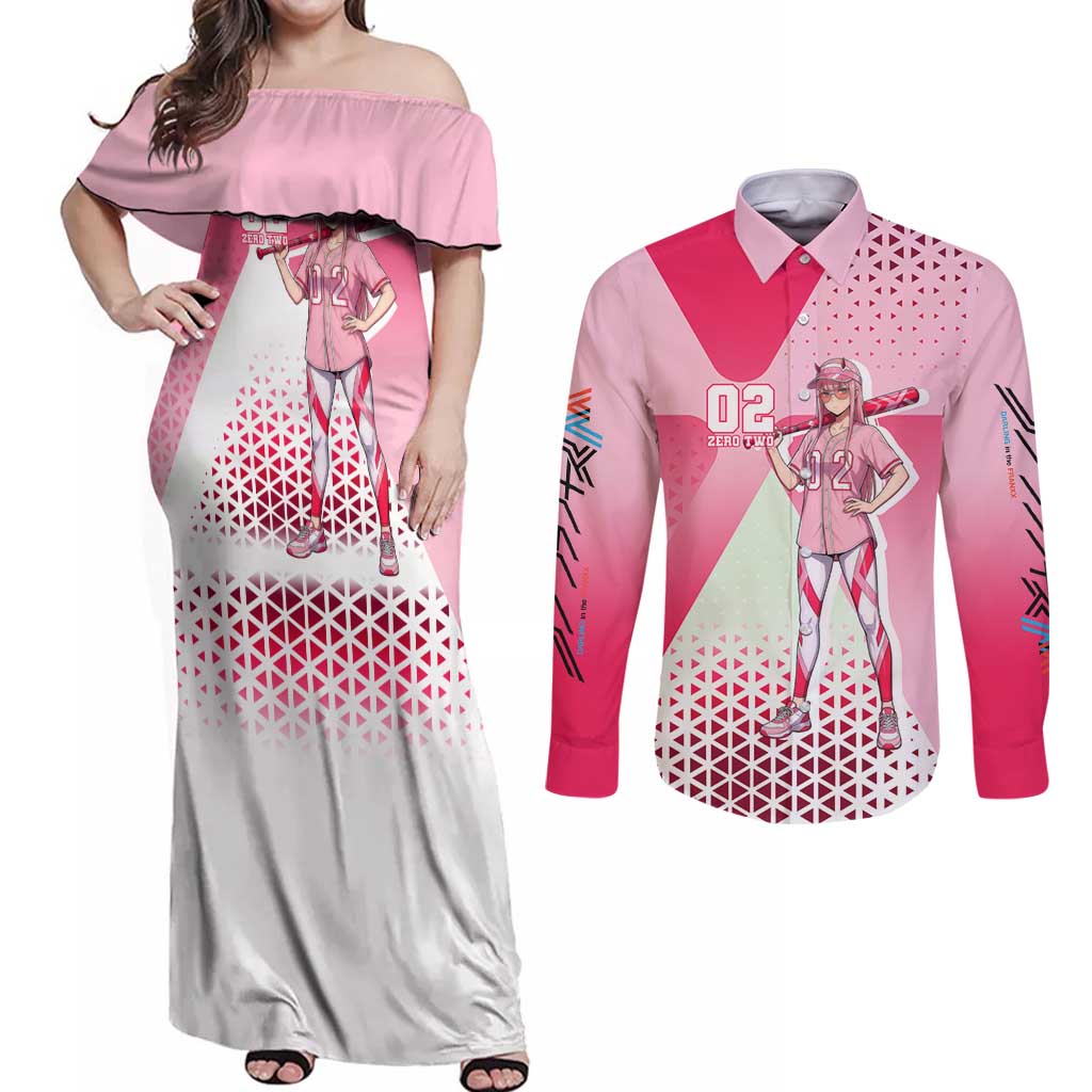 Zero Two Couples Matching Off Shoulder Maxi Dress and Long Sleeve Button Shirt Retro Baseball Anime Style