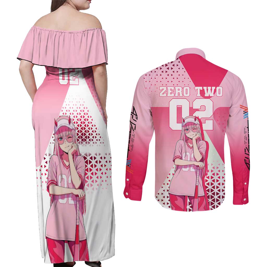 Zero Two Couples Matching Off Shoulder Maxi Dress and Long Sleeve Button Shirt Retro Baseball Anime Style
