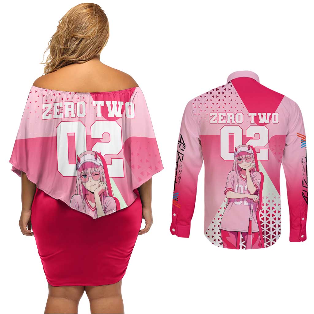 Zero Two Couples Matching Off Shoulder Short Dress and Long Sleeve Button Shirt Retro Baseball Anime Style