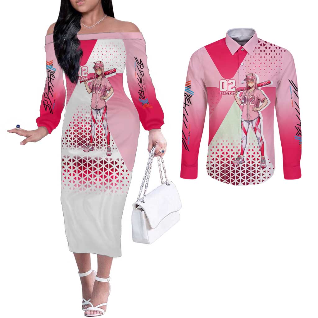 Zero Two Couples Matching Off The Shoulder Long Sleeve Dress and Long Sleeve Button Shirt Retro Baseball Anime Style