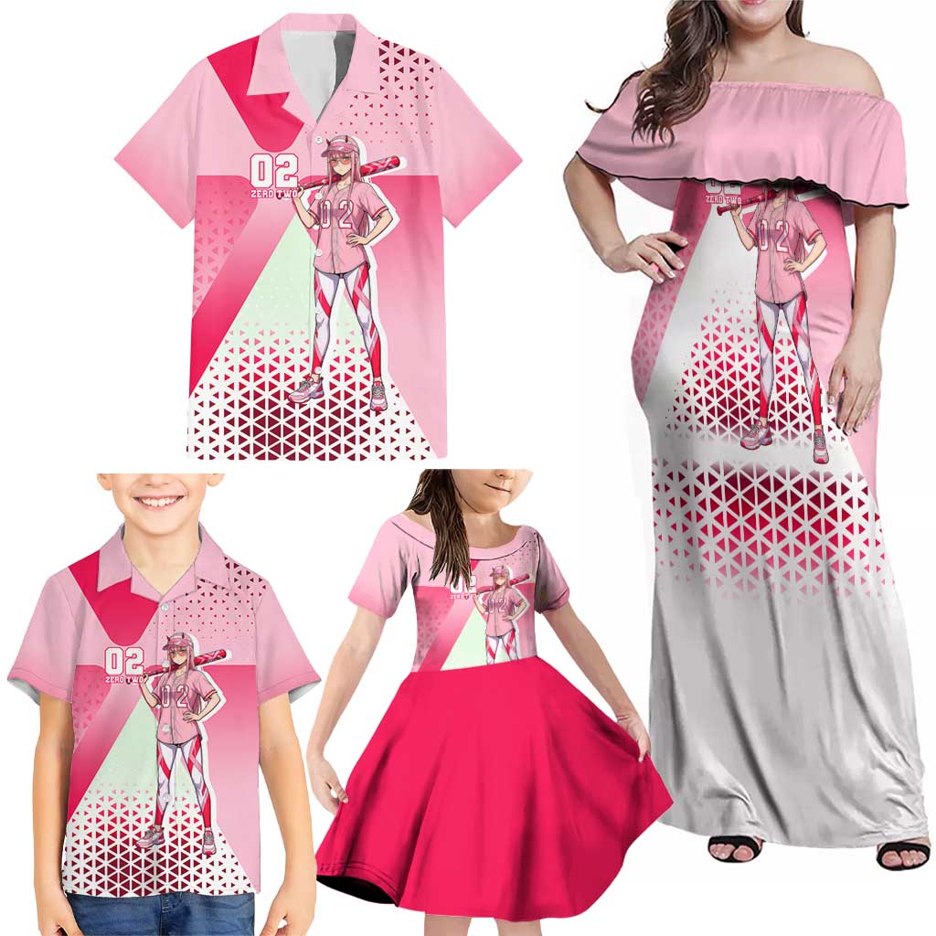 Zero Two Family Matching Off Shoulder Maxi Dress and Hawaiian Shirt Retro Baseball Anime Style