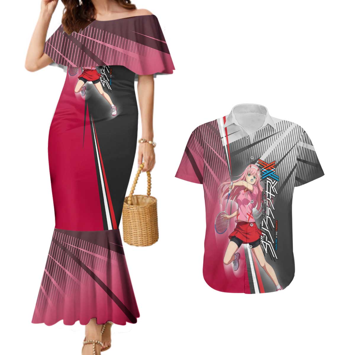 Zero Two Couples Matching Mermaid Dress and Hawaiian Shirt Sci-Fi Anime Sports Crossover Style