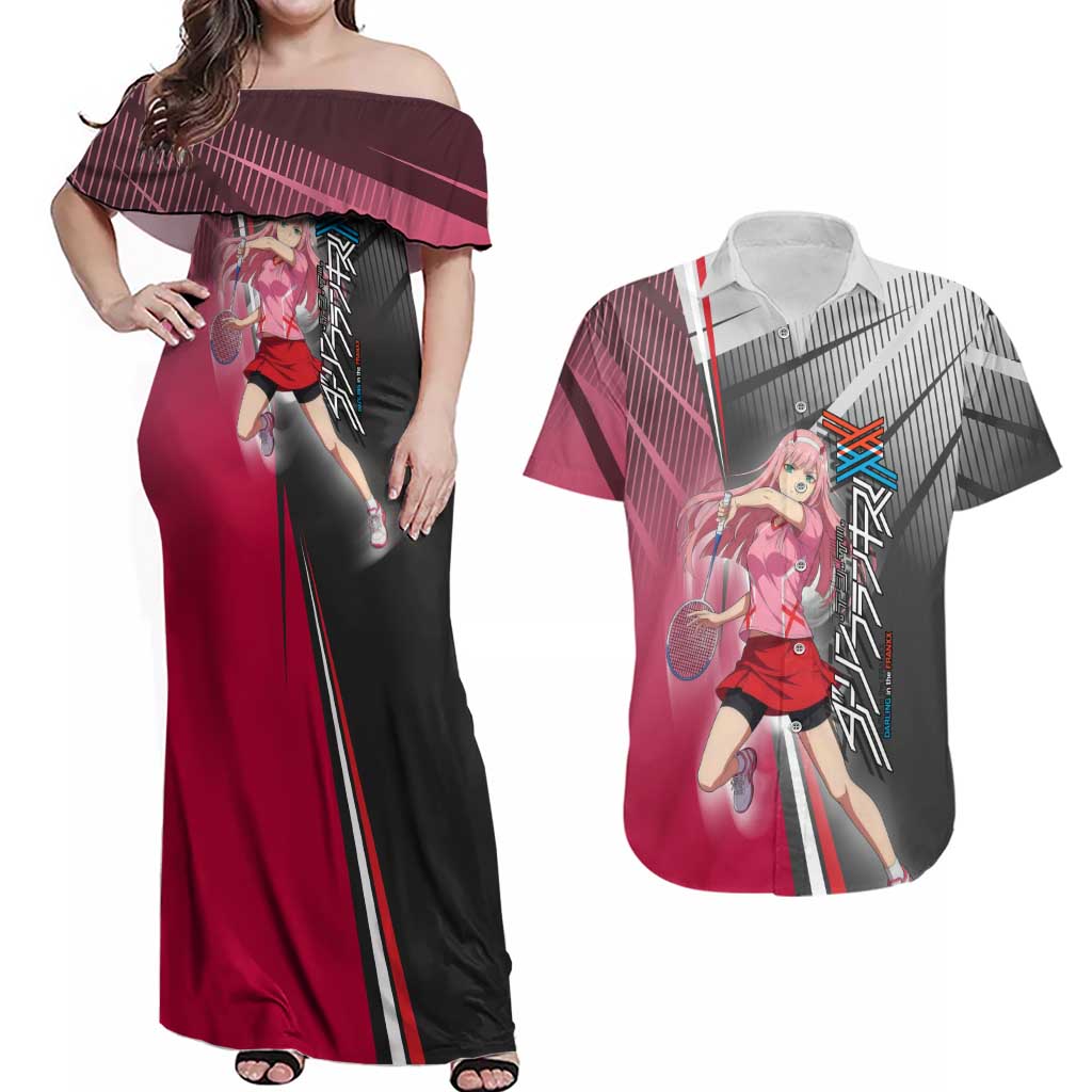 Zero Two Couples Matching Off Shoulder Maxi Dress and Hawaiian Shirt Sci-Fi Anime Sports Crossover Style