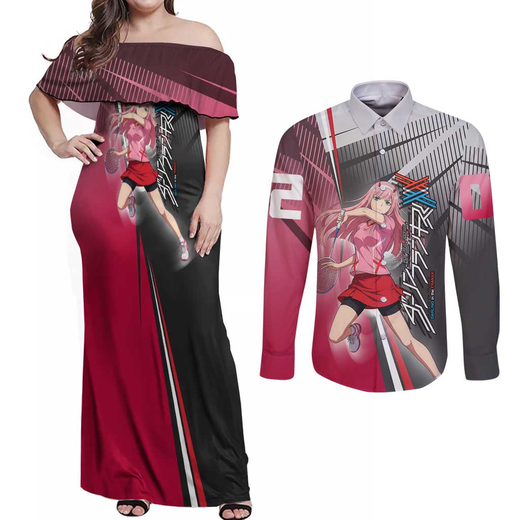 Zero Two Couples Matching Off Shoulder Maxi Dress and Long Sleeve Button Shirt Sci-Fi Anime Sports Crossover Style