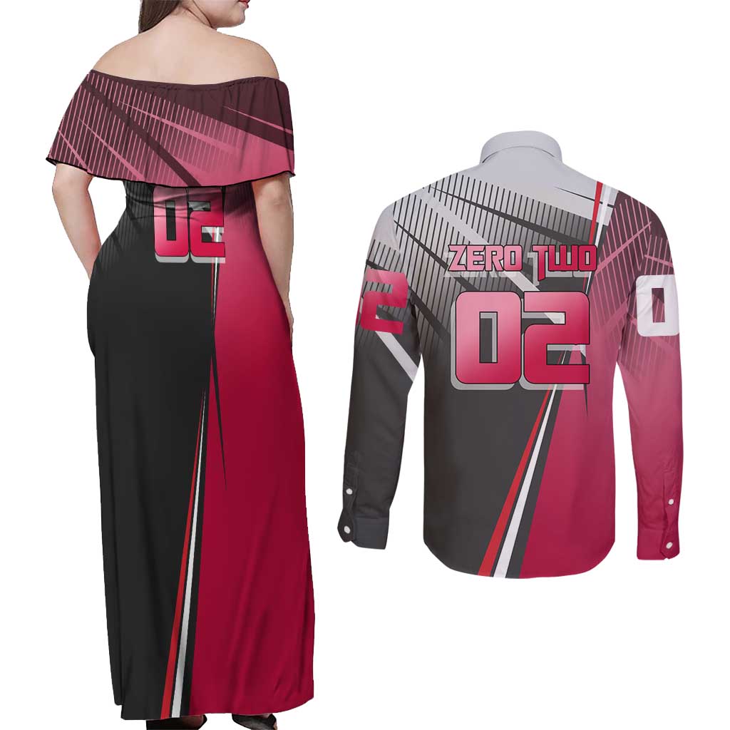 Zero Two Couples Matching Off Shoulder Maxi Dress and Long Sleeve Button Shirt Sci-Fi Anime Sports Crossover Style